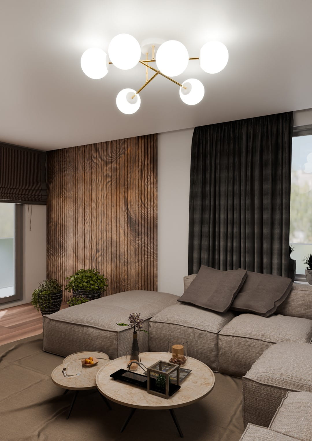 Lampa sufitowa Magnum 6-punktowa w kolorze białym i złotym, z sześcioma okrągłymi kloszami na złotych ramionach. Zamontowany na suficie, we wnętrzu z drewnianą ścianą i sofą. W tle zasłony w ciemnym kolorze, rośliny doniczkowe i stół kawowy.