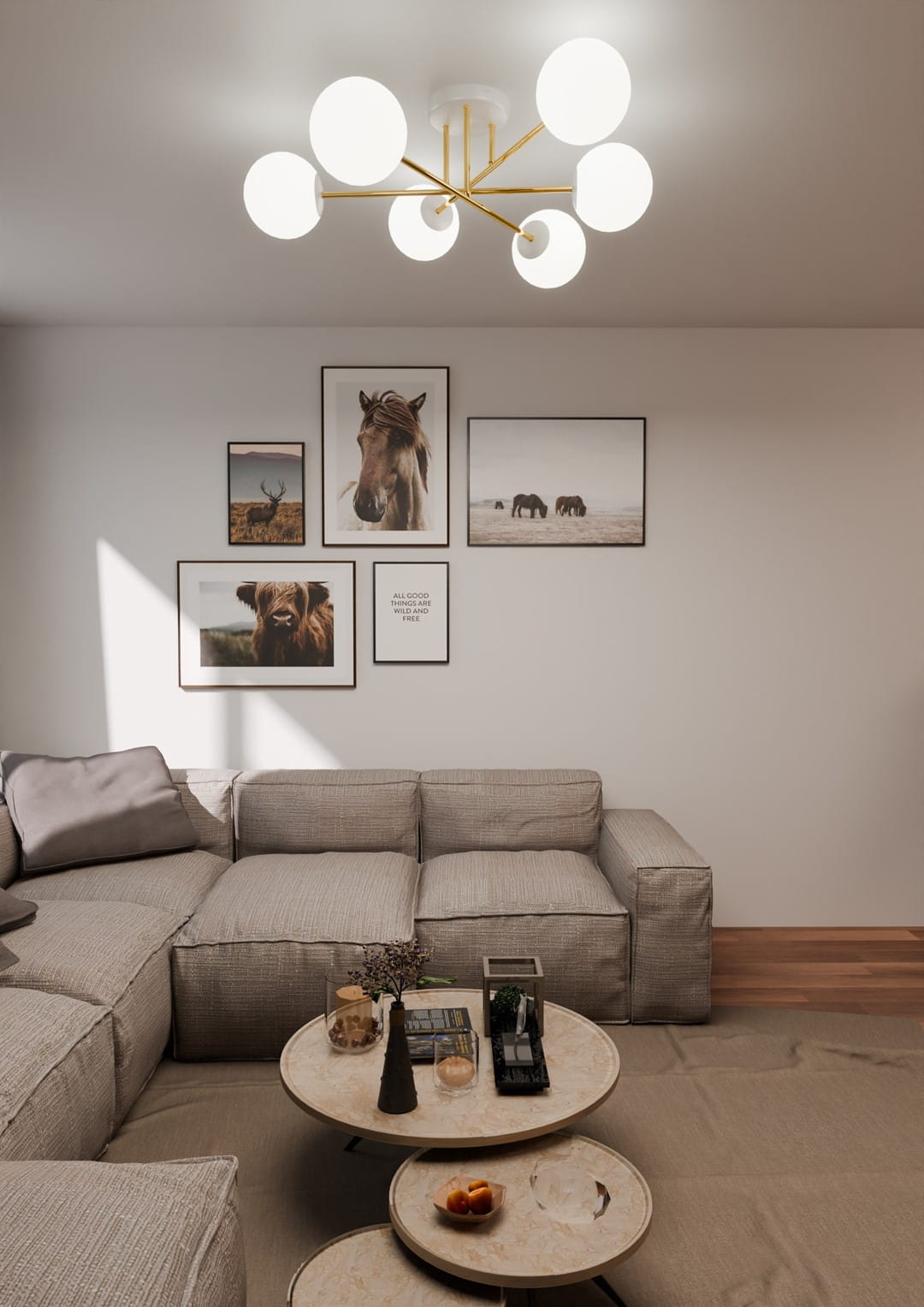 Lampa sufitowa Magnum 6-punktowa w kolorze białym i złotym, z sześcioma okrągłymi kloszami. Ujęcie z dołu, montowana na suficie. W tle widoczna aranżacja salonu z obrazami na ścianie oraz jasną sofą.