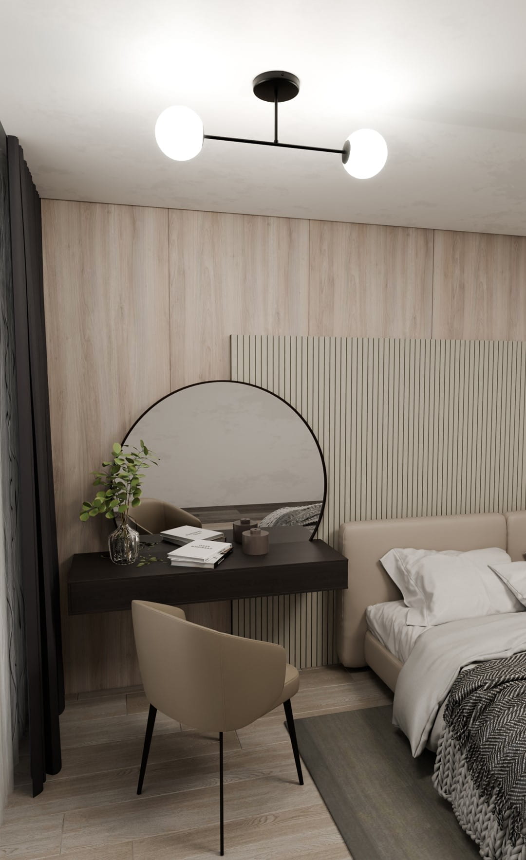 Lampa sufitowa Roma 2-punktowa, czarna z opalowymi kloszami, zawieszona na cienkim metalowym stelażu. Widoczna w nowoczesnej aranżacji sypialni, z biurkiem, okrągłym lustrem i jasnym łóżkiem. Proste tło w odcieniach drewna dodaje elegancji.