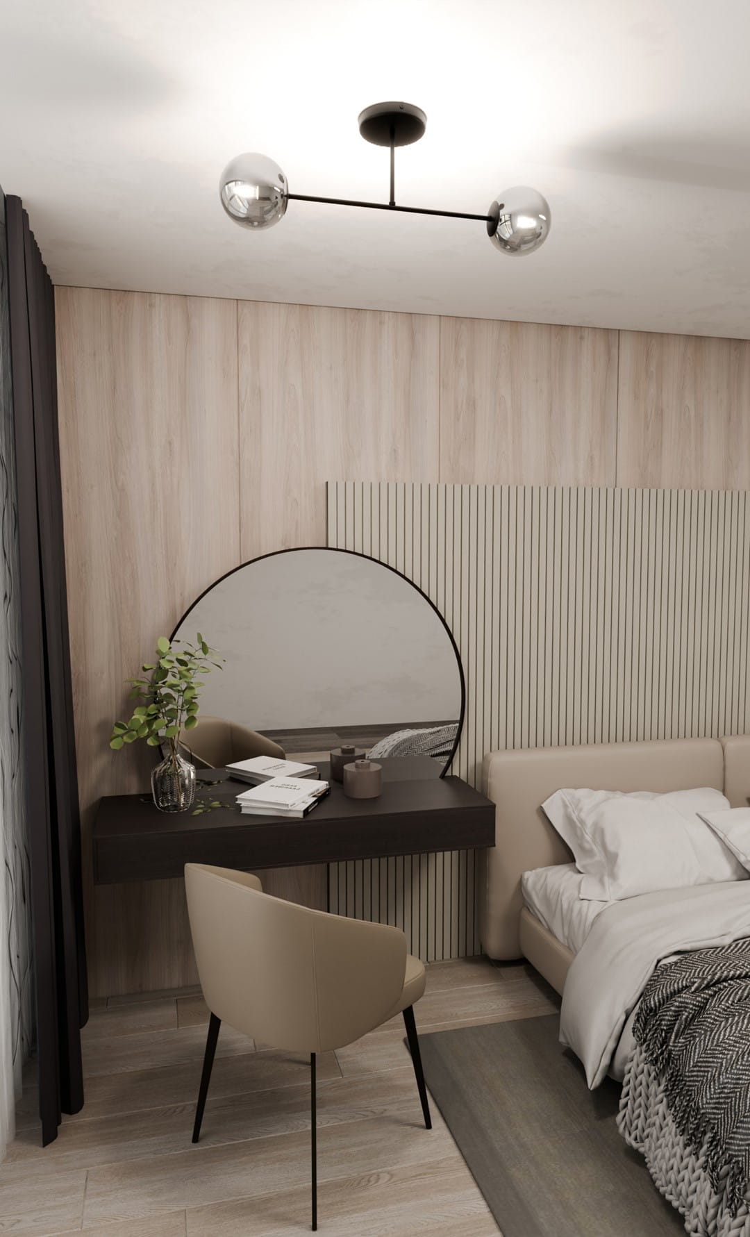 Lampa sufitowa Roma 2-punktowa w kolorze czarnym i grafitowym, złożona z dwóch kulistych kloszy, zawieszona na cienkim ramieniu. Wisi w nowoczesnym wnętrzu, z drewnianą ścianą w tle oraz biurkiem i lustrem.