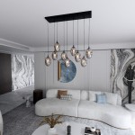 Lampa wisząca Astral 9-punktowa w kolorze czarnym i grafitowym, z owalnymi kloszami, zawieszona na długich linkach. Produkt umieszczony nad nowoczesną, jasną sofą w minimalistycznym wnętrzu z dekoracjami ściennymi.