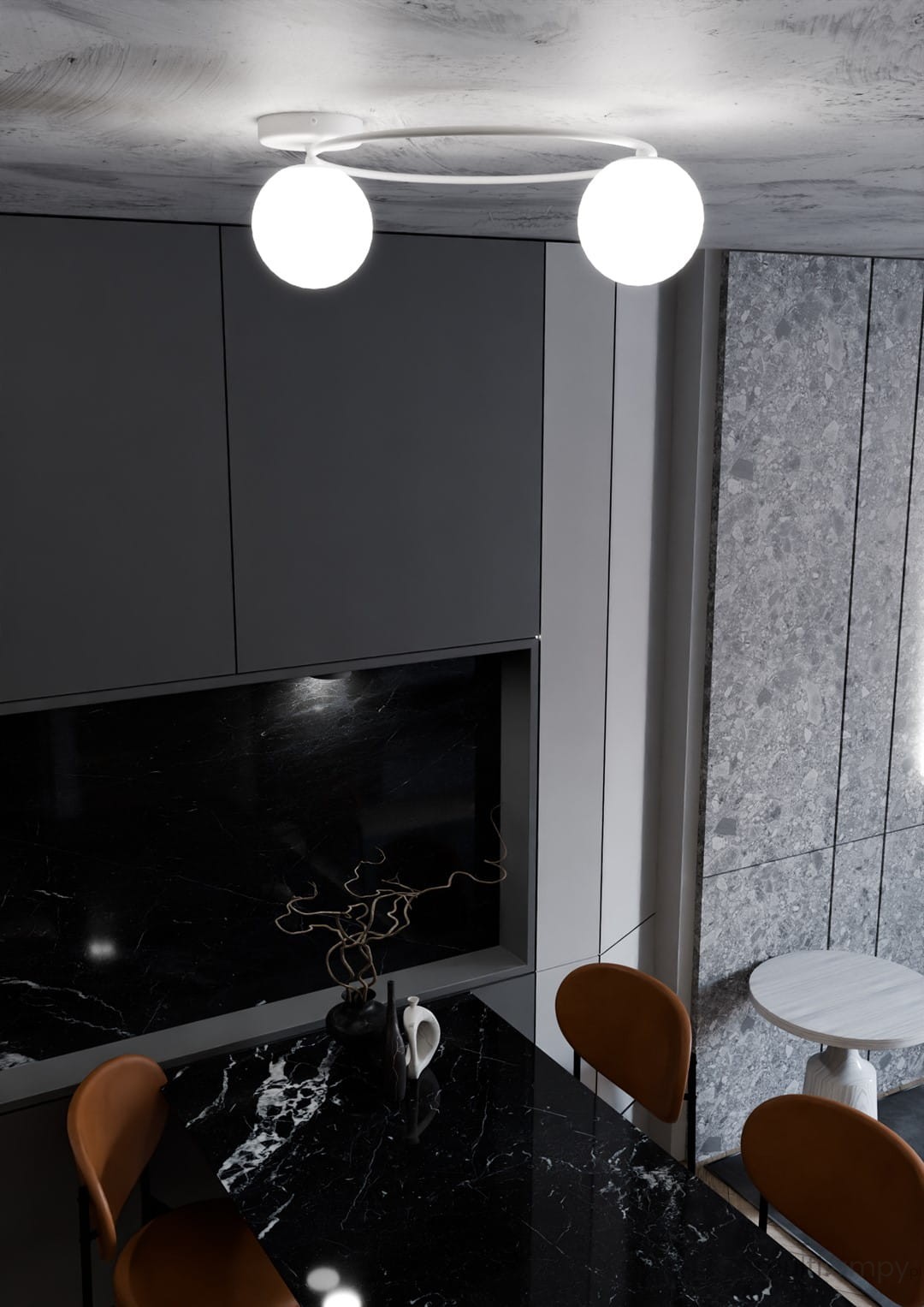 Lampa sufitowa Sopra 2-punktowa w kolorze białym z opalowymi kloszami, zamontowana na suficie. Klosze w kształcie kul, umieszczone na okrągłej podstawie. Tło w aranżacji kuchennej z czarnym blatem i szarymi szafkami.