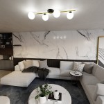 Lampa sufitowa 4-punktowa w kolorze czarnym i złotym z opalowymi kloszami. Zamontowana na suficie, składa się z czterech okrągłych źródeł światła. Otoczenie to nowoczesny salon z szarym narożnikiem i dekoracyjnym stołem. Tło z marmurową ścianą.