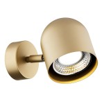 Złoty kinkiet Isola z jednym miejscem na żarówkę GU10. Okrągła podstawa i zaokrąglona głowica, z widocznym kloszem w kształcie stożka. Gładka, matowa powierzchnia z delikatnym połyskiem, montowany na ścianie.