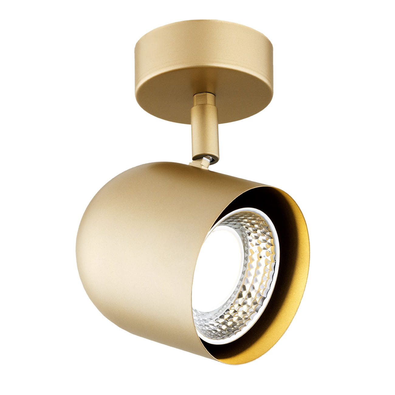 Kinkiet Isola w kolorze złotym, z jednym miejscem na żarówkę GU10. Okrągła, matowa obudowa z połyskującym wnętrzem reflektora. Ujęcie z boku, montowany na suficie. Średnica klosza podkreśla nowoczesny design.