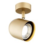Kinkiet Isola w kolorze złotym, z jednym miejscem na żarówkę GU10. Okrągła, matowa obudowa z połyskującym wnętrzem reflektora. Ujęcie z boku, montowany na suficie. Średnica klosza podkreśla nowoczesny design.
