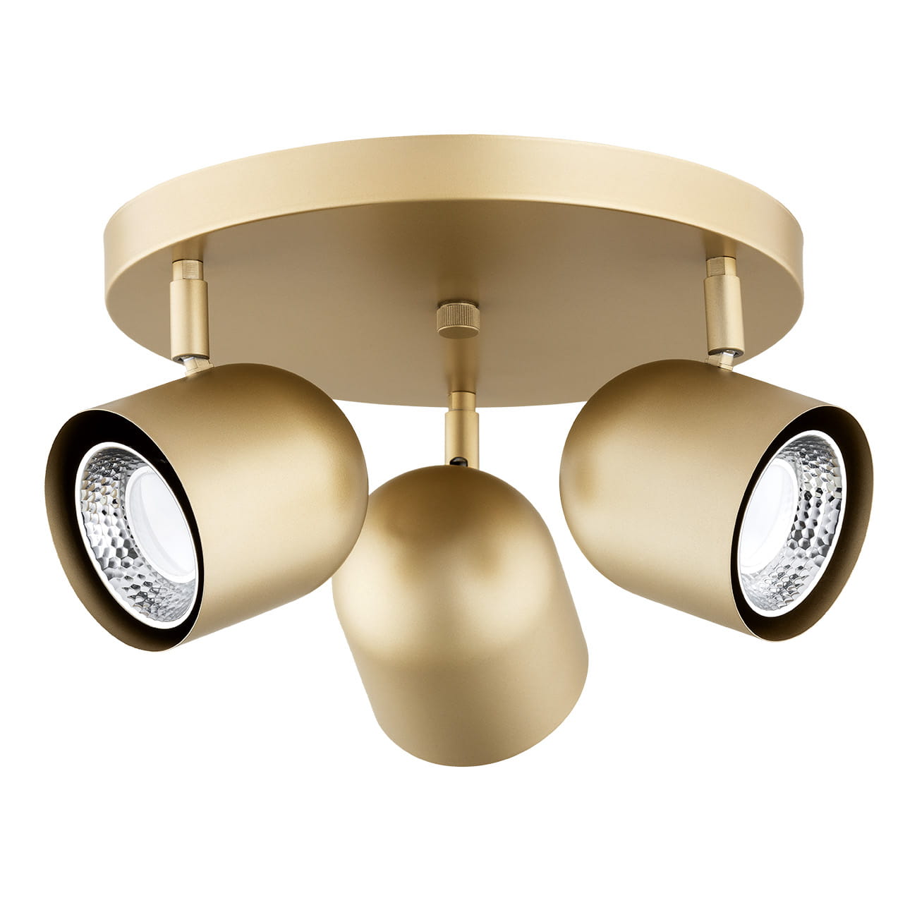 Lampa sufitowa Isola w kolorze złotym z trzema ruchomymi spotami GU10. Okrągła podsufitka z matowym wykończeniem. Ułożenie: wiszące, frontalne. Wzór minimalistyczny, nowoczesny design.