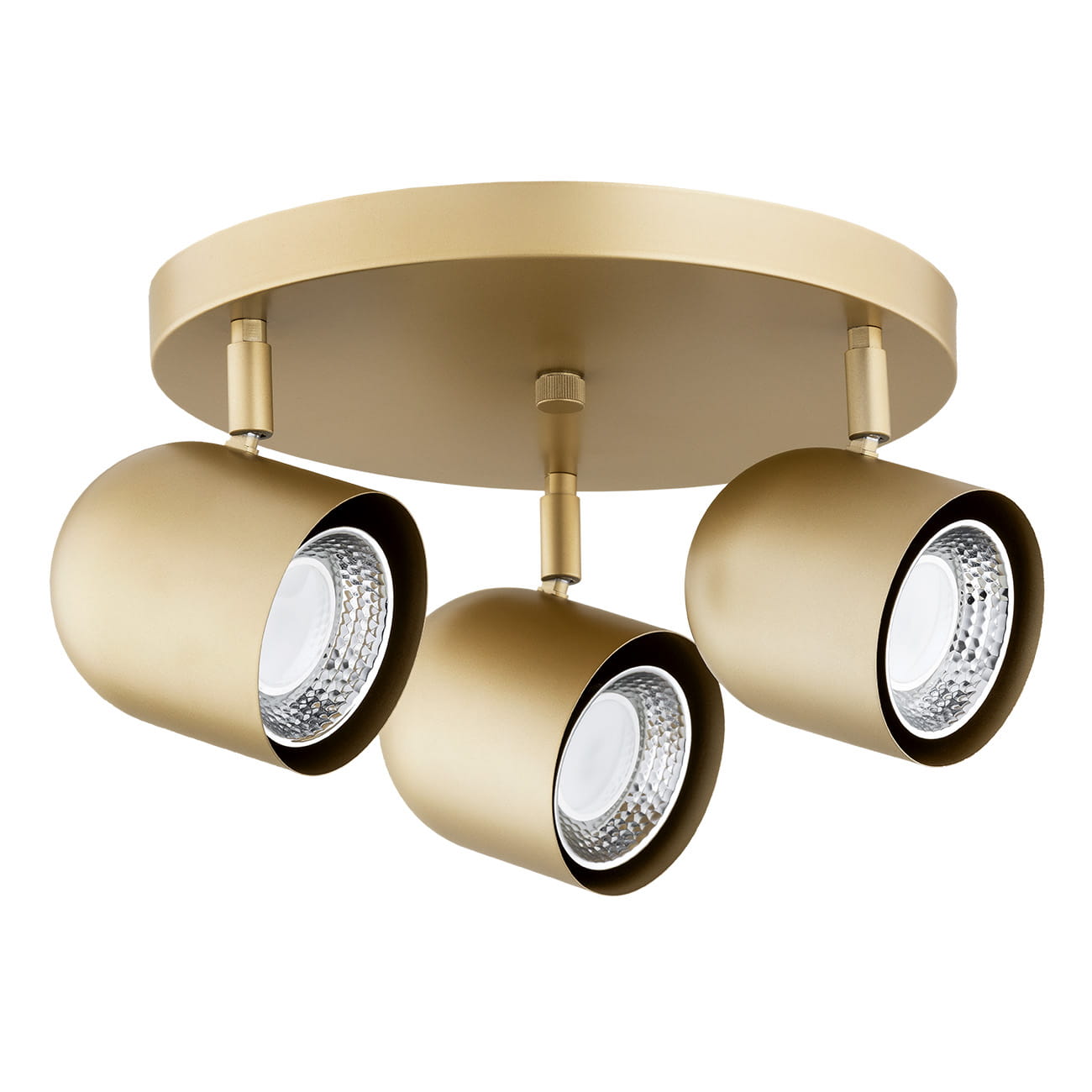 Lampa sufitowa Isola w kolorze złotym, z trzema reflektorami GU10. Reflektory mają cylindryczny kształt, z przezroczystą soczewką. Produkt montowany na okrągłej podstawie, z widocznymi elementami mocującymi.