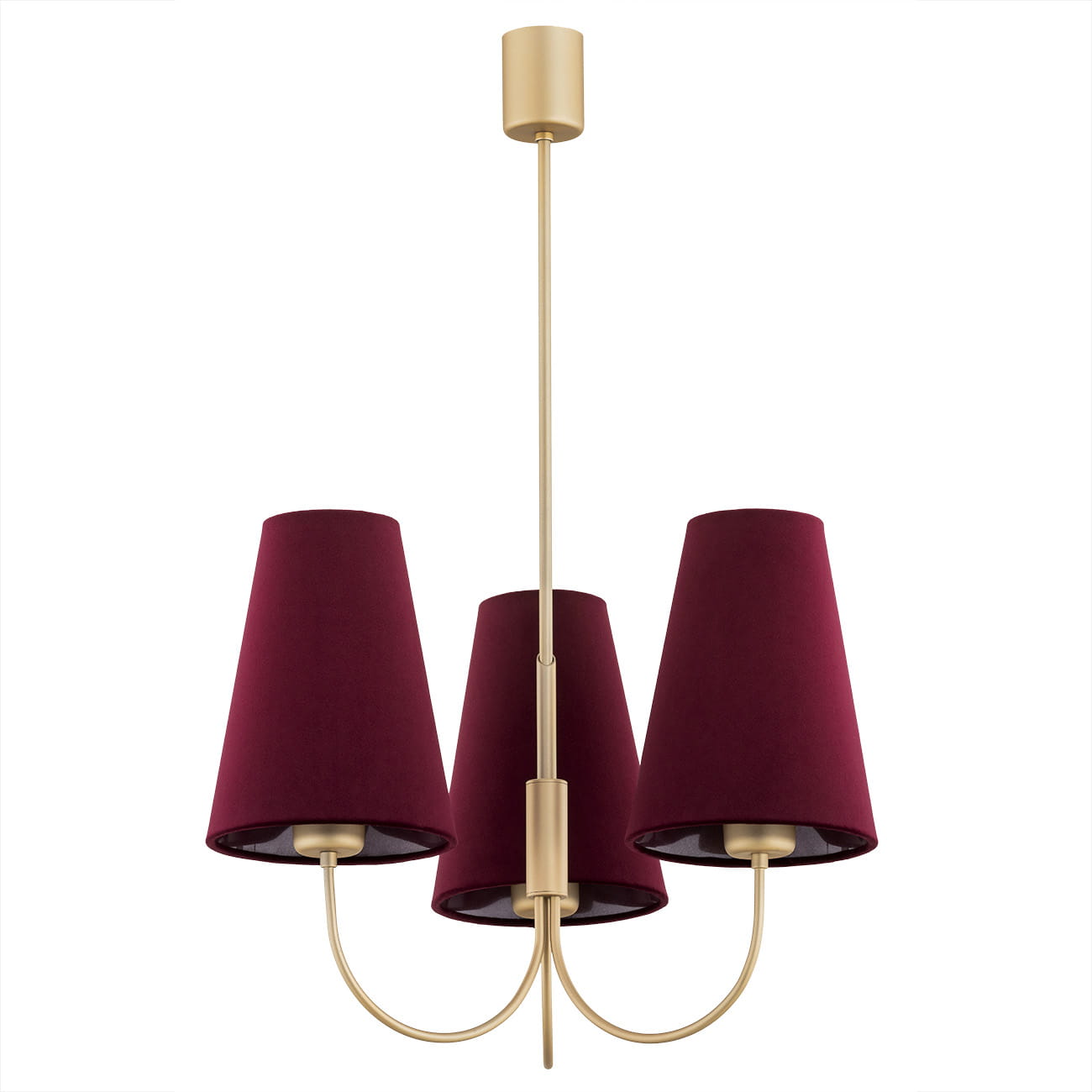 Żyrandol Safiano z trzema kloszami w kolorze burgundowym i złotą metalową konstrukcją. Klosze mają stożkowy kształt, a całość wisi na prostym, cienkim wsporniku. Idealny do eleganckich wnętrz.