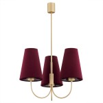 Żyrandol Safiano z trzema kloszami w kolorze burgundowym i złotą metalową konstrukcją. Klosze mają stożkowy kształt, a całość wisi na prostym, cienkim wsporniku. Idealny do eleganckich wnętrz.