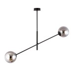 Lampa wisząca Linear 2-punktowa w kolorze czarnym i grafitowym. Posiada dwa metalowe klosze w kształcie kul, zawieszone na cienkich, prostych ramionach. Ujęcie z dołu, produkt zwisający z sufitu.