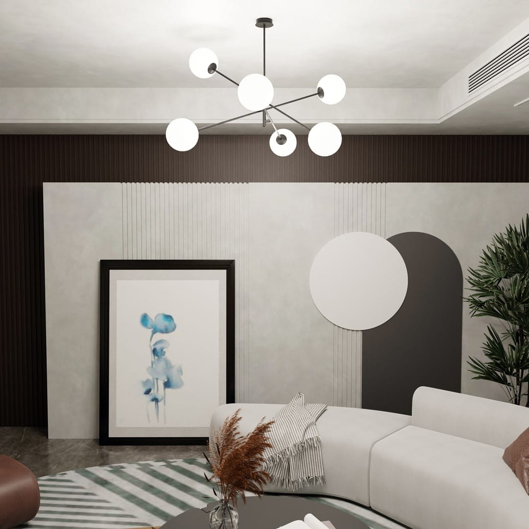 Lampa wisząca Linear 6-punktowa w kolorze czarnym i białym, z sześcioma okrągłymi kloszami. Zawieszona na cienkim stelażu, idealna do nowoczesnych wnętrz. W tle widoczna kanapa i obraz w ramie.