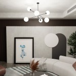 Lampa wisząca Linear 6-punktowa w kolorze czarnym i białym, z sześcioma okrągłymi kloszami. Zawieszona na cienkim stelażu, idealna do nowoczesnych wnętrz. W tle widoczna kanapa i obraz w ramie.