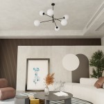 Linear lampa wisząca 6-punktowa w kolorze czarnym i białym, z sześcioma okrągłymi kloszami z białego szkła, zamontowana na czarnym stelażu. Lampa wisi w nowoczesnym wnętrzu z jasnymi i ciemnymi akcentami, w otoczeniu mebli i dekoracji.