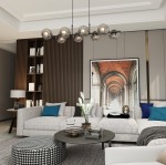 Lampa wisząca Rory 8-punktowa w kolorze czarnym i grafitowym, z okrągłymi, przezroczystymi kloszami, zawieszona nad nowoczesnym salonem. Widoczna w aranżacji z szaro-beżową sofą, okrągłym stołem i dekoracjami.