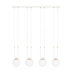 Lampa wisząca 4-punktowa w białym kolorze z czterema okrągłymi kloszami z matowego szkła, zawieszona na białym stelażu. Każdy klosz ma złote akcenty. Produkt zamontowany poziomo, z długimi przewodami w białym kolorze. Tło proste, białe.
