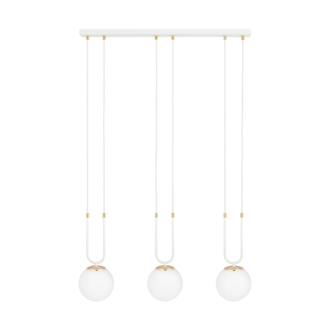 Lampa wisząca 3-punktowa w kolorze białym, z trzema okrągłymi kloszami, zawieszona na białych przewodach. Klosze mają złote detale na górze. Produkt zamontowany na prostokątnej podstawie, widoczny z przodu na białym tle.