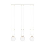 Lampa wisząca 3-punktowa w kolorze białym, z trzema okrągłymi kloszami, zawieszona na białych przewodach. Klosze mają złote detale na górze. Produkt zamontowany na prostokątnej podstawie, widoczny z przodu na białym tle.