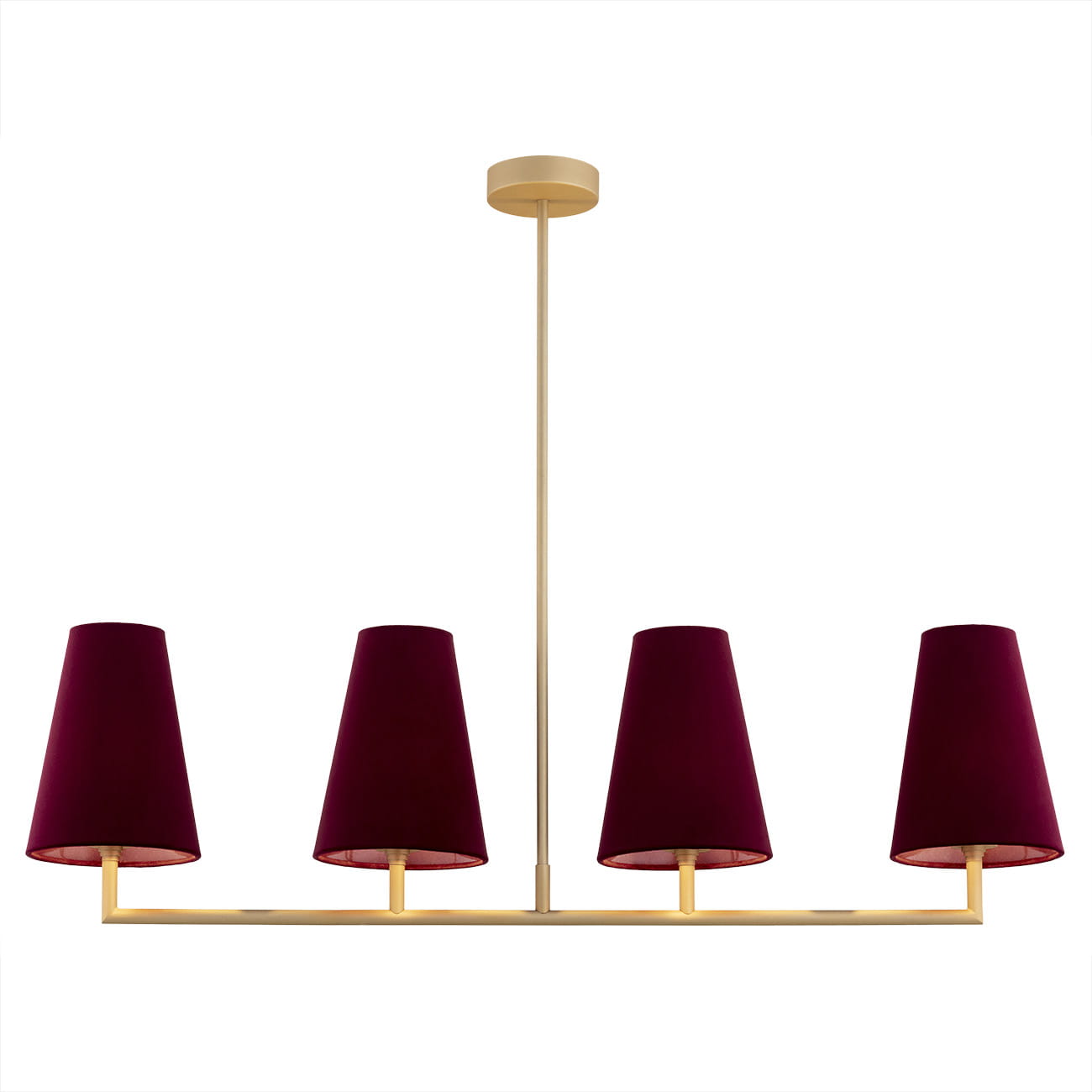Żyrandol Safiano 4xE27 w kolorze złoto-burgundowym, z czterema stożkowymi kloszami z materiału w odcieniu burgundowym. Produkt zawieszony na złotej rurze, widoczny z przodu na białym tle.