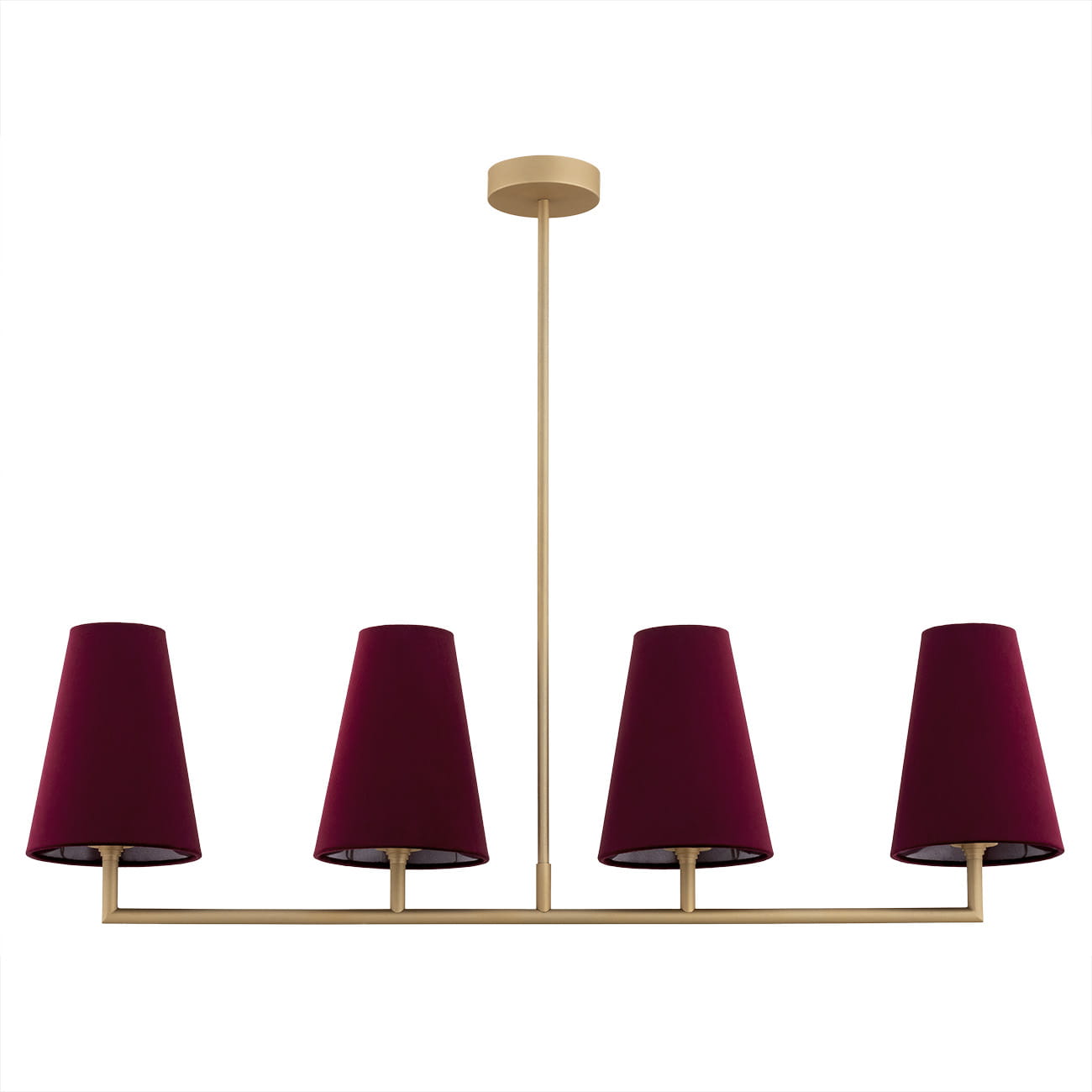 Żyrandol Safiano 4xE27 w kolorze złoto-burgundowym z czterema stożkowymi kloszami. Ułożony poziomo, zawieszony na cienkim, metalowym stelażu. Klosze w kolorze burgundowym, materiał tekstylny, z wewnętrzną cieniowaną stroną.
