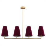Żyrandol Safiano 4xE27 w kolorze złoto-burgundowym z czterema stożkowymi kloszami. Ułożony poziomo, zawieszony na cienkim, metalowym stelażu. Klosze w kolorze burgundowym, materiał tekstylny, z wewnętrzną cieniowaną stroną.