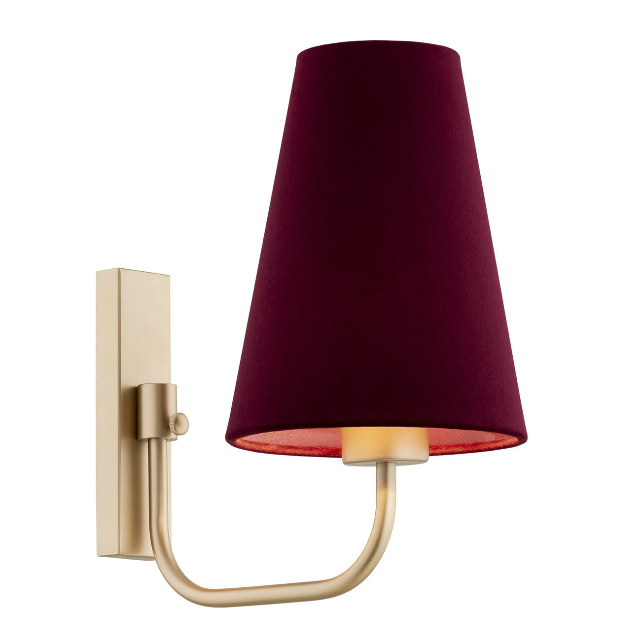 Kinkiet Safiano w kolorze złoto-burgundowym z abażurem w kształcie stożka. Metalowa, złota podstawa z wygiętym ramieniem i widocznym źródłem światła. Abażur z tkaniny w odcieniu burgundowym, z wewnętrzną, jasną wyściółką.