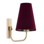 Kinkiet Safiano w kolorze złoto-burgundowym, z abażurem w kształcie stożka. Metalowa, złota konstrukcja z eleganckim zakrzywieniem. Uchwyt montażowy na ścianę. Idealny do nowoczesnych wnętrz. Wymiary nieokreślone.