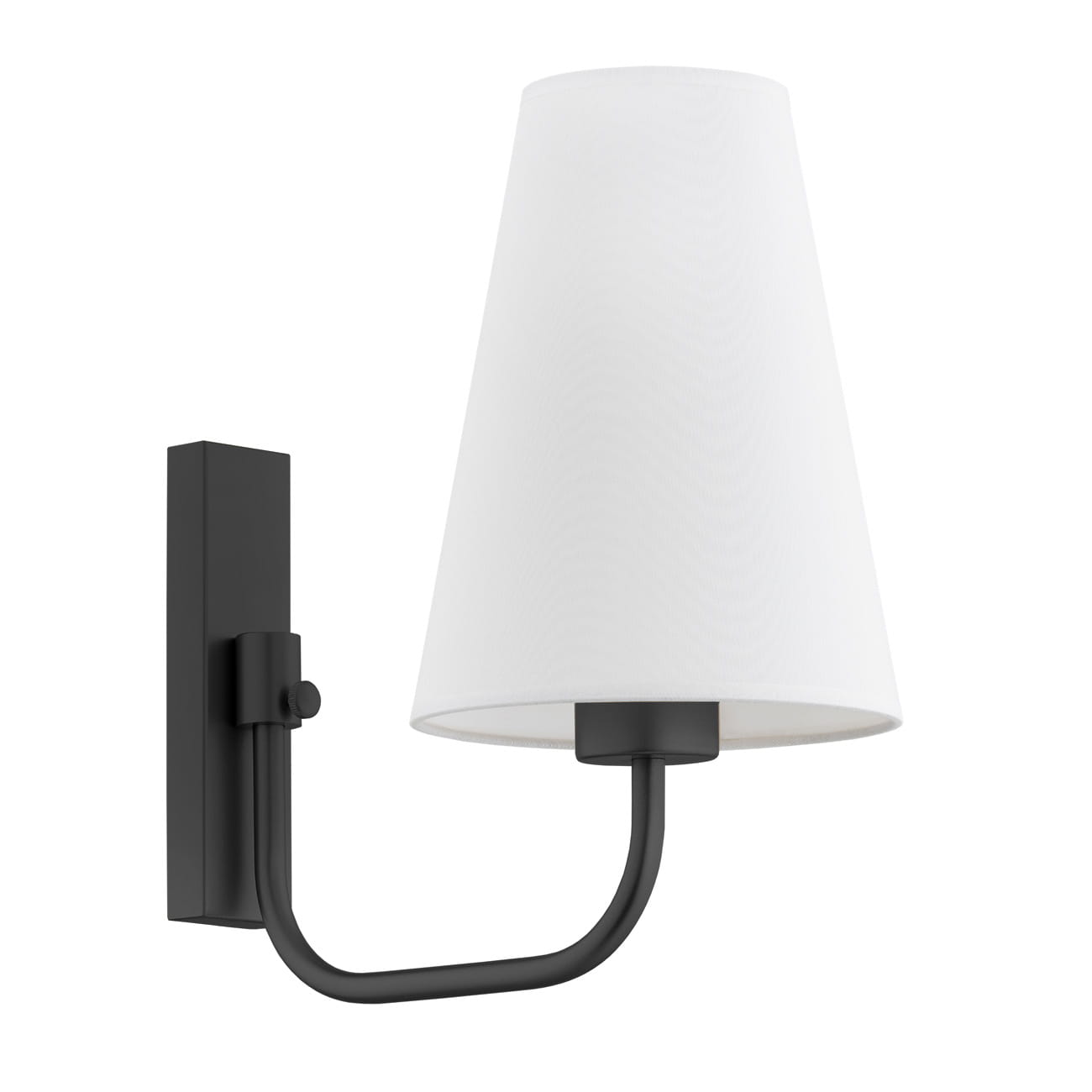 Kinkiet Safiano 1xE27 w kolorze czarno-białym, z prostokątną, matową podstawą i białym kloszem w kształcie stożka. Uchwyt w formie łuku, zamontowany na ścianie, widok z boku. Idealny do nowoczesnych wnętrz.