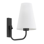 Kinkiet Safiano 1xE27 w kolorze czarno-białym, z prostokątną, matową podstawą i białym kloszem w kształcie stożka. Uchwyt w formie łuku, zamontowany na ścianie, widok z boku. Idealny do nowoczesnych wnętrz.
