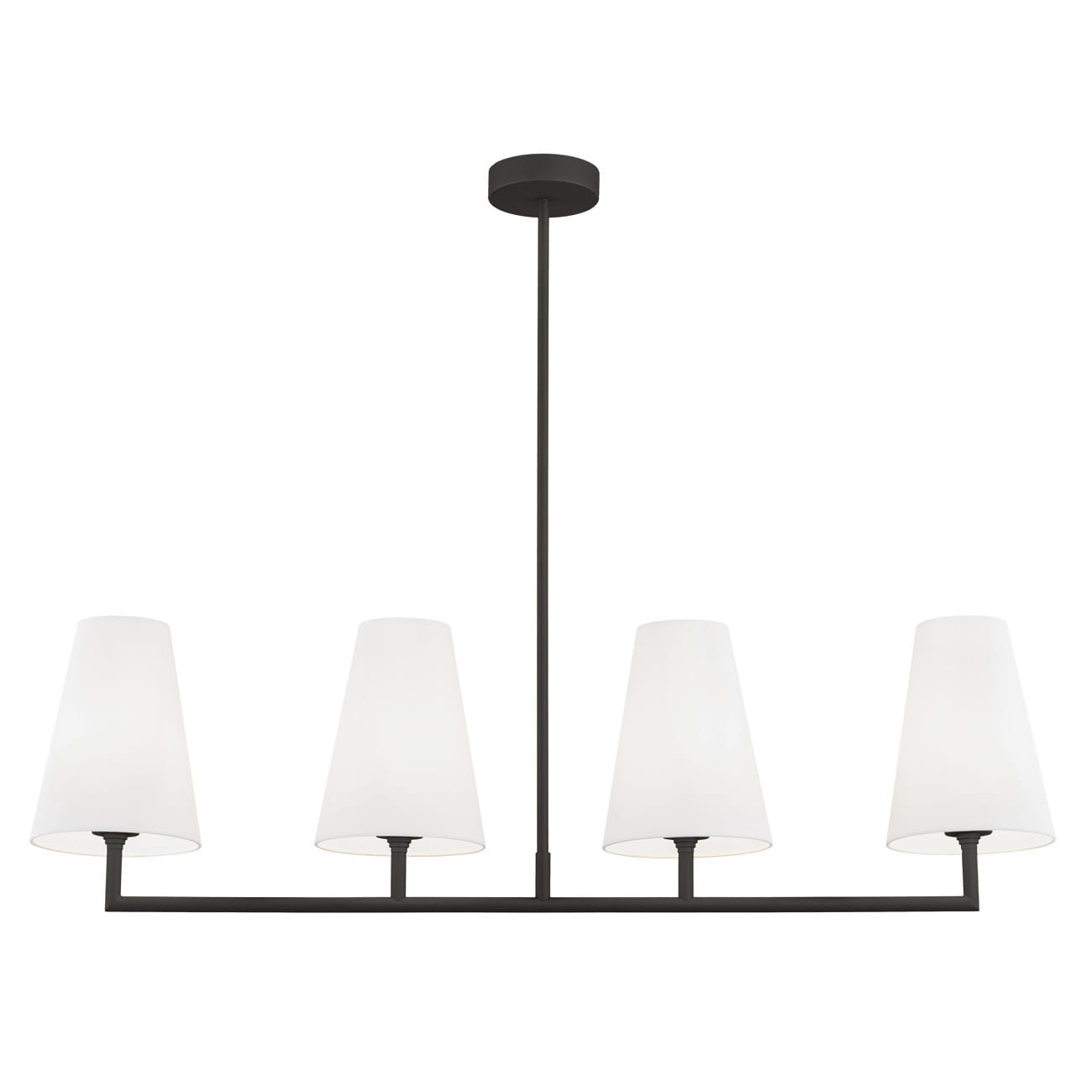 Czarny żyrandol Safiano z czterema oprawami E27, z metalowym ramieniem i białymi, stożkowymi kloszami. Ujęcie frontalne, zwisający z sufitu, minimalistyczny design idealny do nowoczesnych wnętrz.