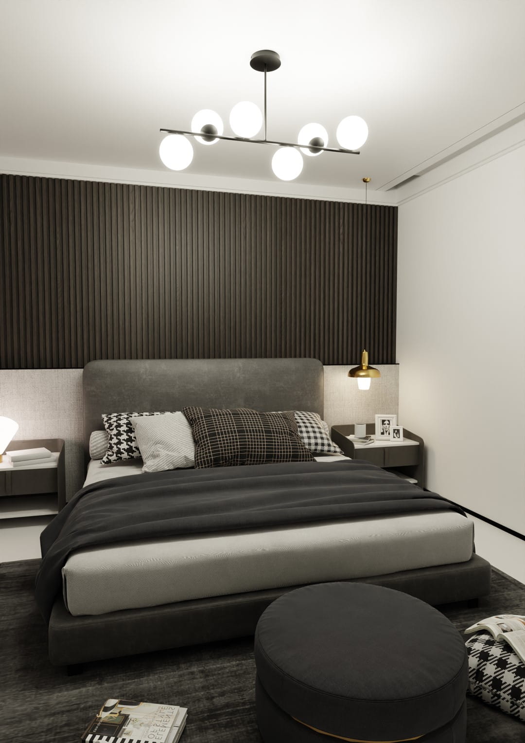 Lampa wisząca Bior 6-punktowa w kolorze czarnym, z sześcioma okrągłymi źródłami światła, zawieszona na cienkim stelażu. Widoczna w nowoczesnej sypialni z ciemną, teksturowaną ścianą i eleganckim łóżkiem, tworzy minimalistyczny akcent.