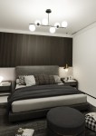 Lampa wisząca Bior 6-punktowa w kolorze czarnym, z sześcioma okrągłymi źródłami światła, zawieszona na cienkim stelażu. Widoczna w nowoczesnej sypialni z ciemną, teksturowaną ścianą i eleganckim łóżkiem, tworzy minimalistyczny akcent.