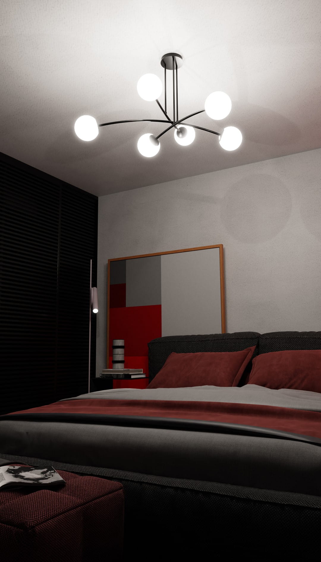Czarna lampa wisząca Halldor 6-punktowa z okrągłymi, białymi kloszami. Zawieszona na cienkim, czarnym stelażu, w nowoczesnym stylu. Widoczna w aranżacji sypialni, nad łóżkiem z czerwonymi poduszkami i geometrycznym obrazem w tle.