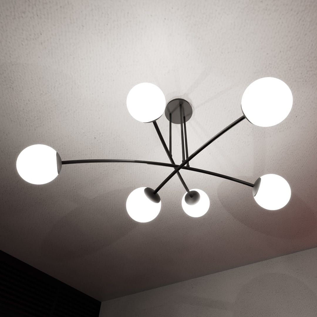 Lampa wisząca Halldor 6-punktowa w kolorze czarnym, z sześcioma białymi kulami na cienkich ramionach. Ujęcie z dołu, ukazujące elegancki design i rozkład punktów świetlnych na suficie.