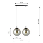 Lampa wisząca Cosmo 2-punktowa w kolorze grafitowym. Dwa kuliste klosze o średnicy 14 cm zawieszone na czarnych linkach, regulowana wysokość 40-100 cm, szerokość 30 cm. Prosty, nowoczesny design.