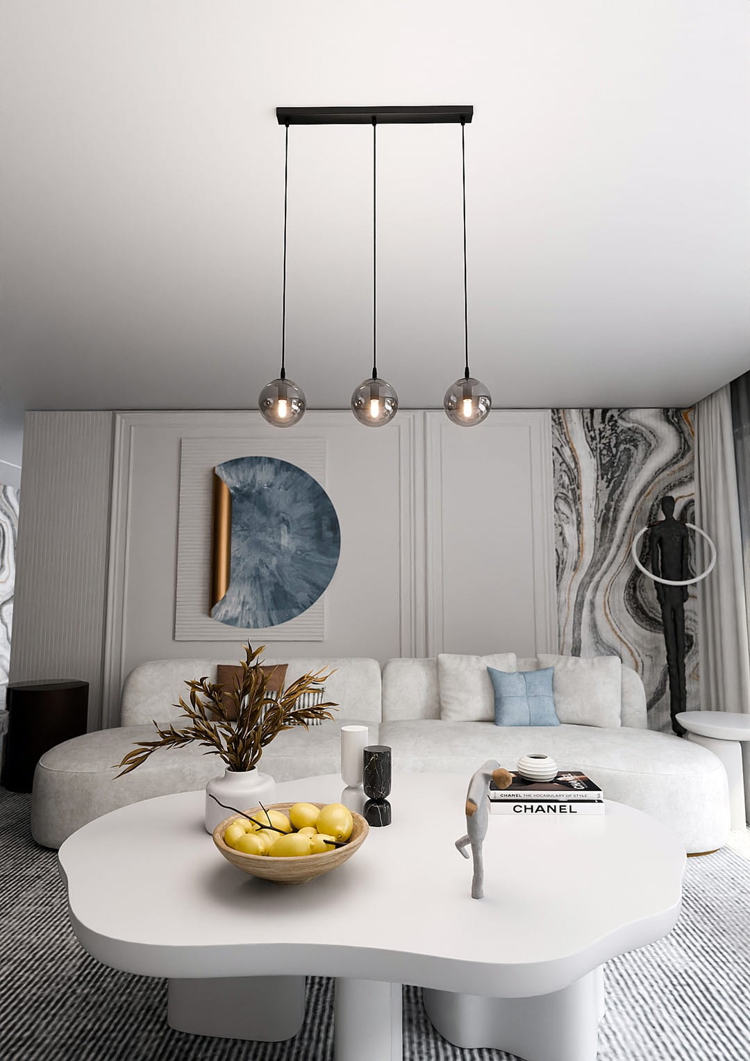 Lampa wisząca Cosmo 3-punktowa w kolorze grafitowym, z trzema przezroczystymi kloszami w kształcie kul, zawieszona na czarnych linkach. Ujęcie frontalne, lampa umieszczona nad stołem w nowoczesnym wnętrzu.