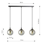 Grafitowa lampa wisząca Cosmo 3-punktowa z trzema szklanymi kloszami o średnicy 14 cm, zawieszona na prostokątnej podstawie o wymiarach 60x7 cm. Długość zawieszenia regulowana w zakresie 40-100 cm.