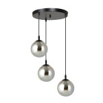 Lampa wisząca Cosmo Premium 3-punktowa w kolorze grafitowym, z trzech kulistych kloszy w metalicznym wykończeniu, zawieszona na długich czarnych przewodach z okrągłą podsufitką. Klosze w różnych wysokościach, idealna do nowoczesnych wnętrz.