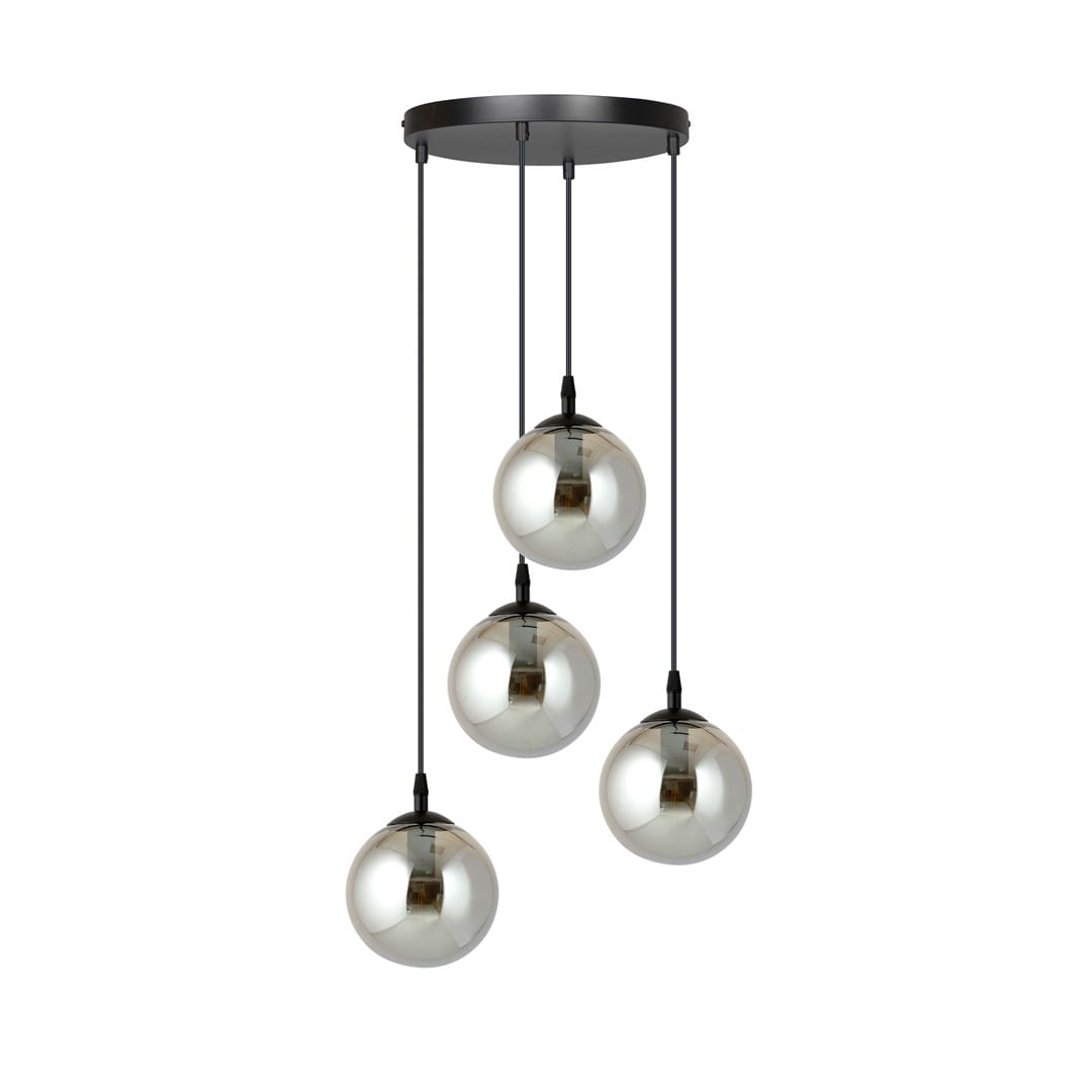 Lampa wisząca Cosmo Premium 4-punktowa w kolorze grafitowym z czterema szklanymi kulami o lustrzanej powierzchni, zawieszona na czarnych przewodach, montowana na okrągłej podstawie.