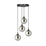 Lampa wisząca Cosmo Premium 4-punktowa w kolorze grafitowym z czterema szklanymi kulami o lustrzanej powierzchni, zawieszona na czarnych przewodach, montowana na okrągłej podstawie.
