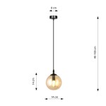 Lampa wisząca Cosmo 1-punktowa, miodowa, z kulistym kloszem o średnicy 14 cm i wysokości 14 cm. Czarny kabel o długości regulowanej 40-100 cm, montaż na suficie o średnicy 8 cm. Prosta forma, idealna do nowoczesnych wnętrz.