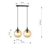 Lampa wisząca Cosmo 2-punktowa w kolorze miodowym z dwoma okrągłymi kloszami o średnicy 14 cm. Długość zwisu regulowana (40-100 cm), umieszczona na prostokątnej, czarnej podsufitce o szerokości 30 cm. Idealna do nowoczesnych wnętrz.