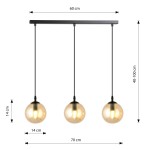 Lampa wisząca Cosmo 3-punktowa w kolorze miodowym. Składa się z trzech szklanych kul o średnicy 14 cm, zawieszonych na czarnym stelażu. Wymiary: szerokość 60 cm, długość 70 cm, regulowana wysokość 40-100 cm.