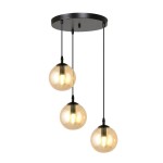Lampa wisząca 3-punktowa Cosmo Premium w kolorze miodowym, składająca się z trzech szklanych kul na czarnych kablach, zawieszona na okrągłej, czarnej podstawie. Kule mają przezroczyste wykończenie i są w równych odstępach.