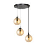 Lampa wisząca Cosmo Premium 3-punktowa w kolorze miodowym, z trzema kulistymi kloszami na czarnych przewodach, zawieszona na okrągłej, czarnej podstawie. Klosze mają przezroczystą fakturę, co podkreśla elegancki wygląd lampy.