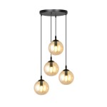 Lampa wisząca Cosmo Premium 4-punktowa w kolorze miodowym. Cztery szklane kuliste klosze zawieszone na czarnych linkach, zamocowane na okrągłej podstawie. Oświetlenie idealne do nowoczesnych wnętrz.