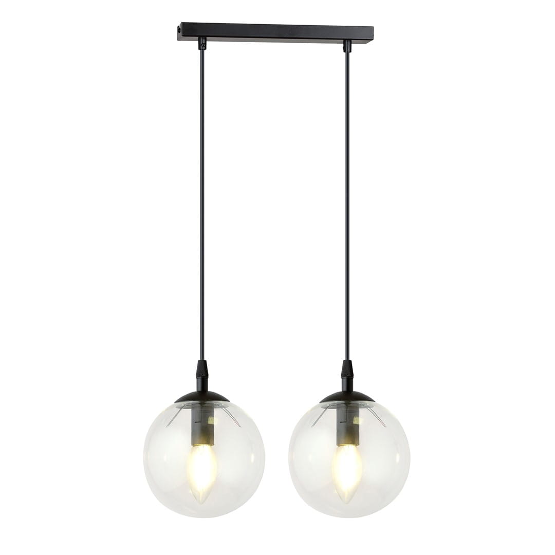 Lampa wisząca Cosmo 2-punktowa z przezroczystymi kulami, zawieszona na czarnym stelażu. Dwa źródła światła z widocznymi żarówkami. Prosta, nowoczesna forma, idealna do różnych aranżacji wnętrz.
