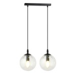 Lampa wisząca Cosmo 2-punktowa z przezroczystymi kulami, zawieszona na czarnym stelażu. Dwa źródła światła z widocznymi żarówkami. Prosta, nowoczesna forma, idealna do różnych aranżacji wnętrz.