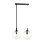 Lampa wisząca Cosmo 2-punktowa z przezroczystymi szklanymi kloszami w kształcie kul. Posiada czarną, prostokątną podstawę oraz dwa długie przewody, zawieszone w pozycji pionowej. Idealna do nowoczesnych wnętrz.