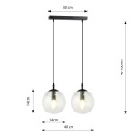 Lampa wisząca Cosmo 2-punktowa z przezroczystymi kulami o średnicy 14 cm, zawieszona na dwóch czarnych linkach. Szerokość osłony wynosi 30 cm, a wysokość regulowana od 40 do 100 cm. Elementy metalowe w czarnym wykończeniu.